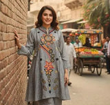 Stylish Grey Khaddar Printed 2 Piece Women's Shirt & Trouser Set