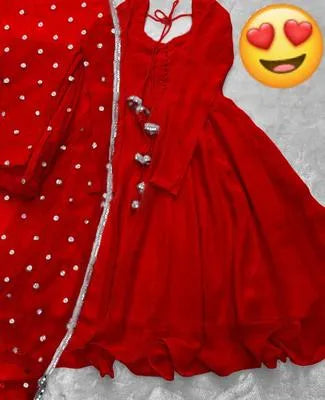 Elegant Red Chiffon Maxi with Trouser & Dupatta - 3 Piece Set