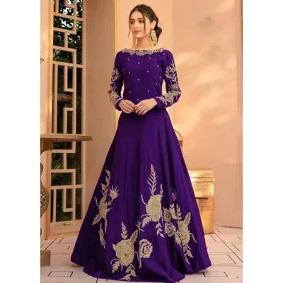 Elegant Purple Shamoz Silk Embroidered Maxi Dress for Women