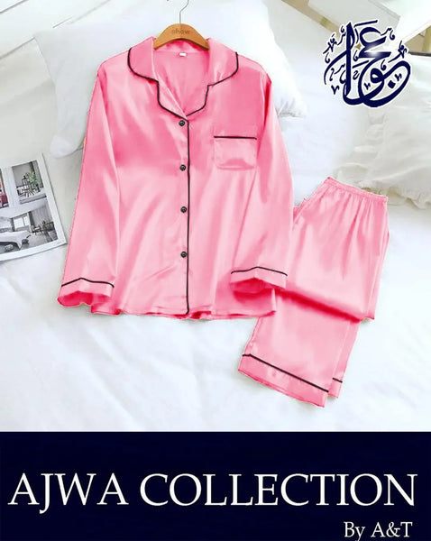 Elegant Silk Plain Night Suit for Women with Shorts - Pink