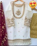 Elegant Women's 3 Piece Organza Hand Work Suit in White