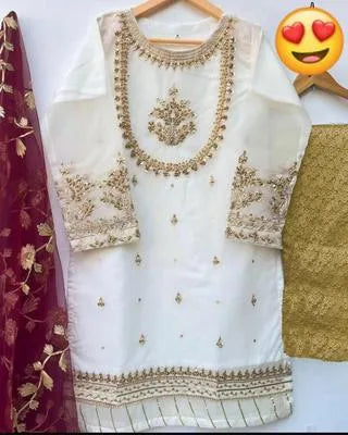 Elegant Women's 3 Piece Organza Hand Work Suit in White