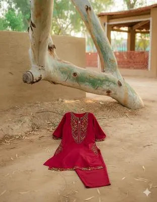 Elegant Maroon Linen Embroidered Shirt and Trouser Set for Women
