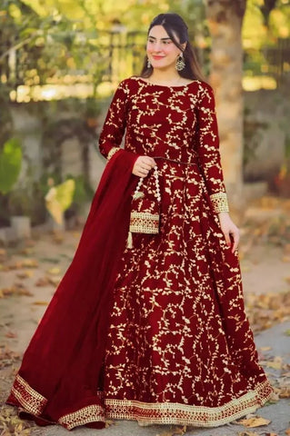 Elegant Red Embroidered Shamoz Silk Maxi Set for Women