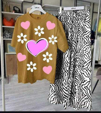 Stylish Mustard Printed Jersey 2 Piece Women's Night Suit