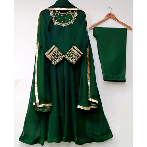 Elegant Green Chiffon Embroidered Maxi & Trouser Set for Women