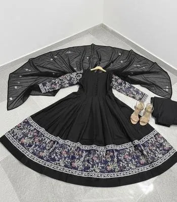 Elegant Black Chiffon Embroidered Women's Maxi Suit - 3 Pcs Set