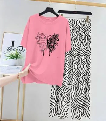 Stylish Jersey Printed 2 Pcs Women's Sleep Wear Set in Pink