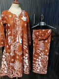 Elegant Brown Linen Block Printed 2 Piece Frock & Trouser Set