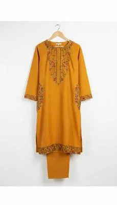Stylish Mustard Linen Embroidered Shirt and Trouser Set for Women