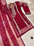 Elegant Maroon Organza 3 Piece Embroidered Suit for Women