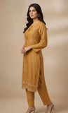 Elegant Mustard Wool Three-Piece Women's Stitched Suit with Embroidery