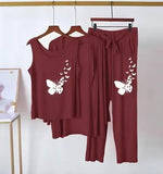 Maroon Jersey Printed 3 Piece Women's Night Suit with Shorts