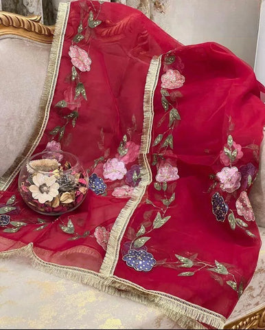 Red Organza Dupatta with Hand Work - Unique Design for Women
