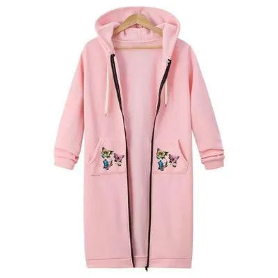Women's Extra-Long Zipper Hoodie in Pink Fleece - Stylish & Cozy
