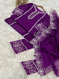 Elegant Purple Organza Embroidered 3 Piece Women's Suit