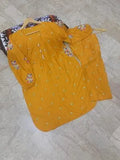 Elegant Yellow Linen Embroidered 2 Piece Women's Outfit