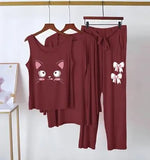 Maroon Jersey Printed 3 Piece Women's Sleep Wear Set