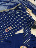 Elegant Blue Chiffon Embroidered 3 Piece Women's Suit