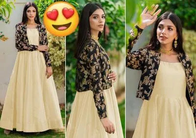 Elegant Off White Velvet Embroidered Maxi & Jacket Set for Women