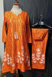 Elegant Women's Linen Printed Frock & Trouser Set in Orange