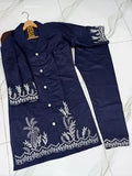 Elegant Blue Cotton Embroidered 2 Piece Women's Outfit