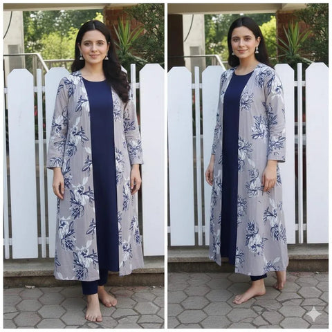 Elegant Women's 3 Piece Silk Printed Gown Suit in Blue