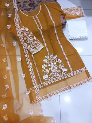 Elegant Yellow Embroidered Organza 3 Piece Suit for Women