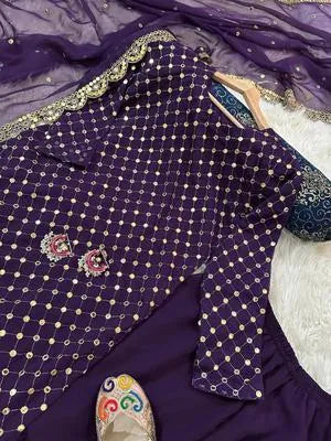 Elegant Purple Chiffon Embroidered Suit - 3 Piece Replica Set