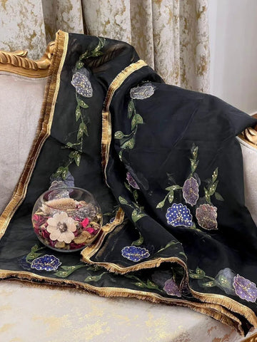 Elegant Black Organza Dupatta with Brush Paint and Beads