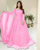 Elegant Pink Chiffon Embroidered Maxi Dress with Trouser