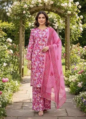 Elegant Pink Cotton 3 Piece Stitched Women's Dress Set