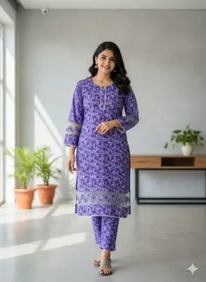 Beautiful Purple Printed 2 Piece Women's Stitched Set in Crystal Wool