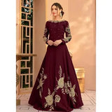 Elegant Maroon Embroidered Shamoz Silk Maxi Dress for Women