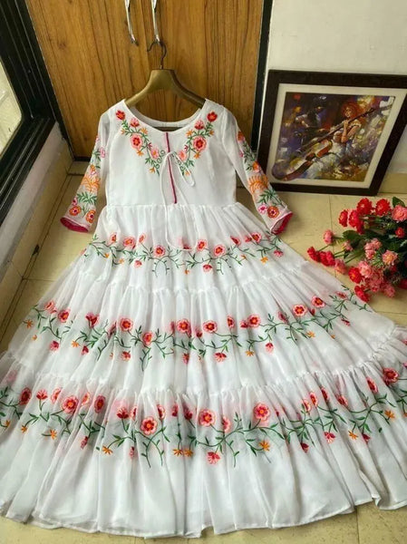 Elegant White Chiffon Embroidered Maxi Dress for Women