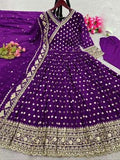 Purple Chiffon Embroidered Maxi with Trouser & Dupatta - 3 Pcs