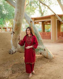 Elegant Maroon Linen Embroidered Shirt and Trouser Set for Women