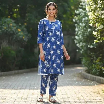 Trendy Printed Crystal Wool 2-Piece Women's Outfit in Blue