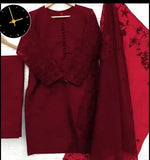 Elegant Maroon Embroidered 3 Piece Stitched Organza Suit for Women
