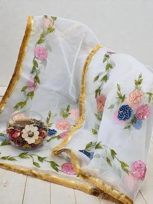 Elegant White Organza Dupatta with Unique Hand Work Design