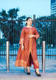 Stunning Printed Silk Frock and Trouser Set in Red - 2 Pcs