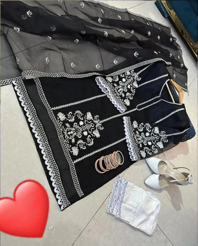 Elegant Black Organza Embroidered 3 Piece Women's Suit