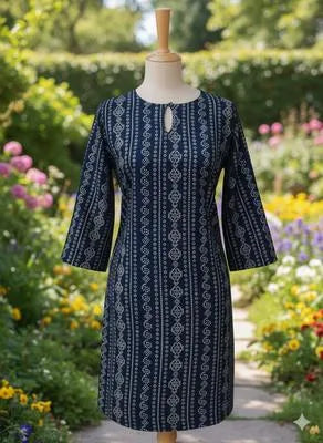 Stylish Medium Blue Linen Block Printed Women's Shirt