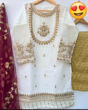 Elegant Women's 3 Piece Organza Hand Work Suit in White