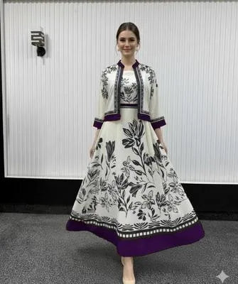 Elegant 2 Piece Women's Printed Maxi Dress with Jacket in Swiss Lawn