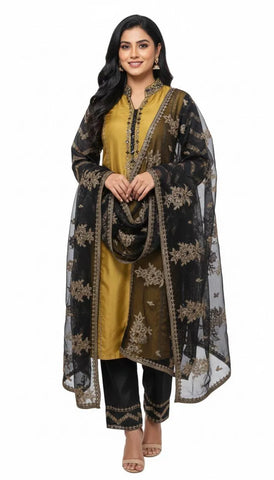 Elegant Black Net Embroidered Frock & Trouser Set for Women