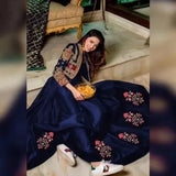 Elegant Blue Shamoz Silk Embroidered Maxi with Jacket Set