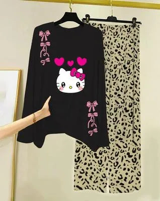 Comfortable Black Cotton Jersey 2 Piece Women's Night Suit