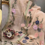 Peach Organza Dupatta with Heavy Beads & Brush Paint Design