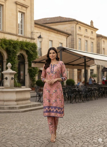 Stylish Women's Printed Shirt & Trouser Set in Peach - 2 Pcs